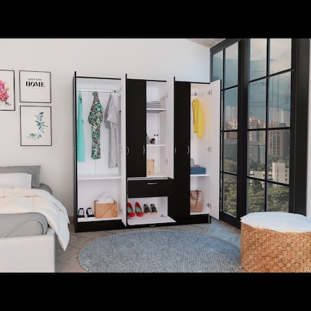 Tuhome Mitu Six Doors Armoire, Seven Interior Shelves, One Drawer, Rod, Black/White CLW5954